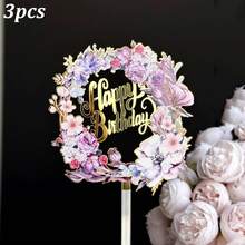 1pc/3pcs Acrylic Gold Plated Flower & Butterfly Cake Topper, Birthday Party Decor - Multicolor - View 15