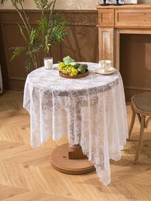 1 pieza Mantel con estampado floral y relieve de encaje estilo pastoril francés, cubierta de mesa de comedor, decoración navideña - Blanco - Ver 11