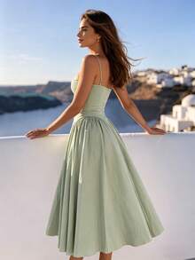 2026 Spring New Women's Clothing: Cross-Border European And American Dress, Elegant French Retro Waist-Cinching Strap Dress - 淺綠色 - 查看 2