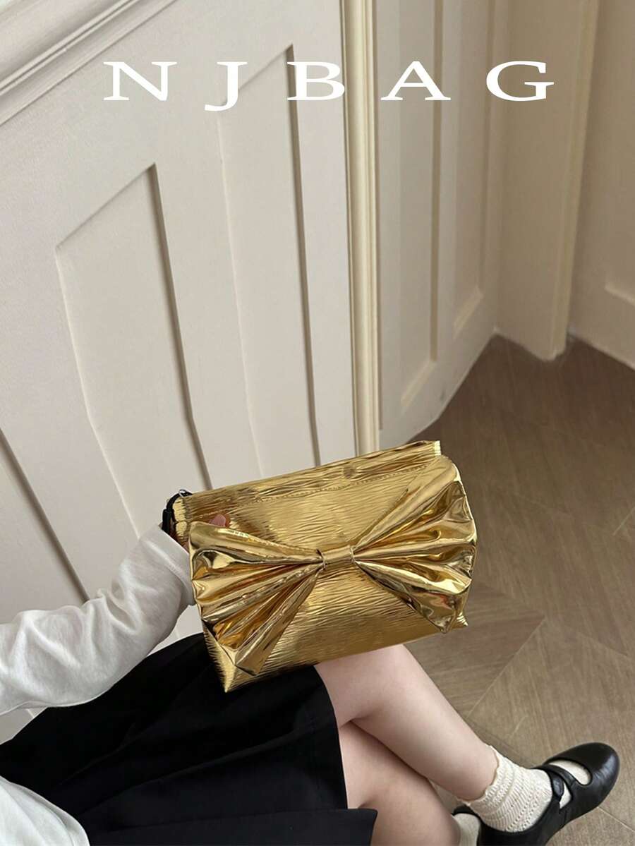 Solid Color Metallic Butterfly Envelope Clutch, Solid Color Glitter Minimalist Casual PU Envelope Clutch - Gold - View 1