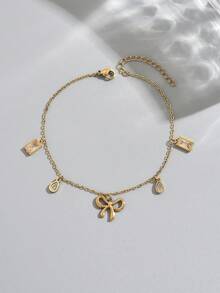 1pc Luxury Stainless Steel Bowknot Pendant Anklet, Teardrop Geometric Zirconia Rhinestone Pendant Anklet, Gold Plated Cute Elegant Foot Jewelry Suitable For Women Daily Wear Or Summer Beach Wear - Gold - View 2