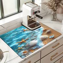 1pc Ocean Pattern Printed Washing Machine Dust Cover, Rubber Soft Bottom, Laundry Room Accessory, Washing Machine Top Protective Pad, Quick Absorbent And Dry, Refrigerator Dust Cover Pad, Coffee Maker Countertop Absorbent Mat, Diatomite Draining Mat, Modern Laundry Room And Kitchen Appliance Washing Machine And Dryer Dust Cover, Home Decor, Kitchen And Dining Room Decor - Multicolor - View 10