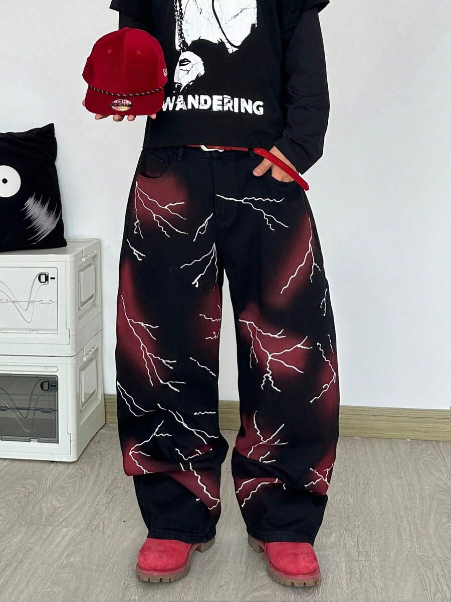 1件美式休闲涂鸦印花宽松阔腿牛仔裤，百搭街头风（不含腰带和配饰） - 黑色 - 查看 1