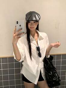 纯色腰部收褶/腰部褶裥女式衬衫，适合办公室、休闲、约会等场合，春夏皆宜 - 白色 - 查看 11