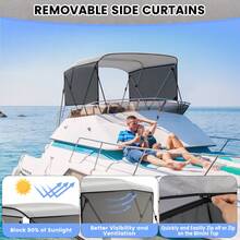 Toldo Bimini de 3 arcos para barcos con protección solar superior - Cubierta de lona de grado marino con laterales de malla, 2 cortinas removibles, 4 cuerdas a prueba de viento, postes de soporte traseros ajustables, estructura de aluminio de 1", color azul. - Gris Claro - Ver 2