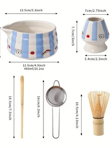 1pc/2pcs/4pcs/5pcs Minimalist Blue Striped Matcha Set, Includes Matcha Bowl With Spout, Bamboo Matcha Whisk, Matcha Scoop, Whisk Stand, Stainless Steel Sifter (For Matcha Tea Ceremony), Gift - Multicolor - View 13