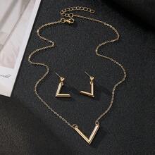 VKME 1 Set de Collar y Aretes de Metal y Material Flexible de Lujo con Forma de V - XH92824346 - Ver 7
