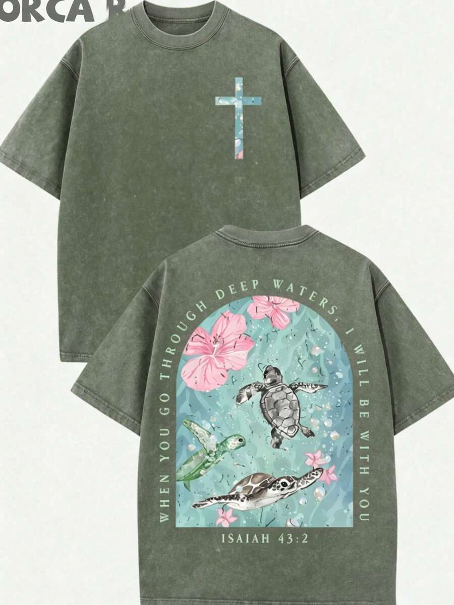 2026 Summer Clothes(230g T-Shirt) Loose Washed Cotton "When You Go Through Deep Waters" Turtle Graphic T-Shirt, Comfortable Christian Faith Tee With Bible Verse, Breathable Retro Streetwear - Gift ChoiceLoose And Comfortablesummer Tops - Màu xanh Ô liu - Xem 1