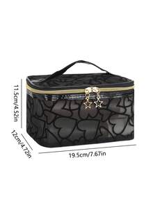 1pc Minimalist INS Sweet & Cool Black Heart Print Mesh Cosmetic Bag, Large Capacity Transparent Toiletry Bag, Travel Organizer Pouch With Star Zipper - Black - View 6