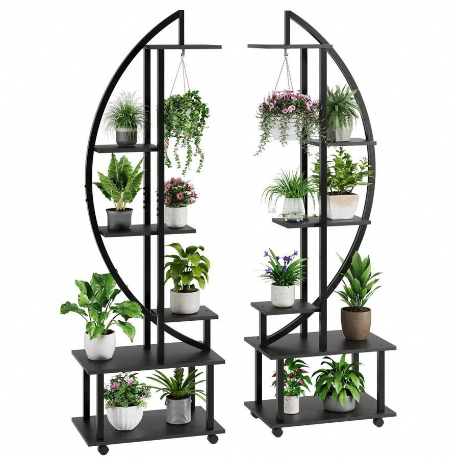 Soporte de planta metálica de media luna de 6 niveles con cajones - estante de maceta de flores de interior de 69,2 pulgadas - estante de planta de círculo resistente para múltiples plantas - pantalla - Negro - Ver 1