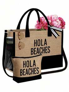 大容量女士沙滩手提包，带围巾和侧袋，2个便携式化妆包，“HOLA BEACHES”印花，可重复使用的旅行购物袋和化妆包，时尚太阳镜，草编遮阳帽，节日礼品袋，非常适合度假，也适合婚礼、生日、节日、母亲节、教师节等场合，是送给女士、母亲、老师、朋友、伴娘、学生的绝佳礼物。 - 彩色 - 查看 12