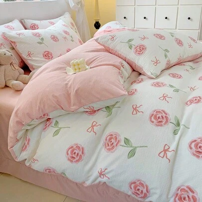 3 piezas Juego de Funda Nórdica con Estampado Floral de Rosa 100% Poliéster, 2 Fundas de Almohada + 1 Funda Nórdica (Excluye Relleno Nórdico y Sábana)