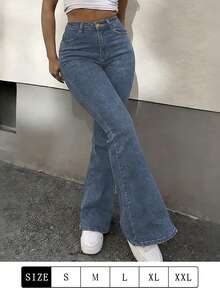 Pantalones vaqueros acampanados para mujer, de gran elasticidad, elegantes y sencillos, vaqueros clásicos de talle alto en color liso, suaves y cómodos, adecuados para todas las estaciones. - Azul - Ver 3