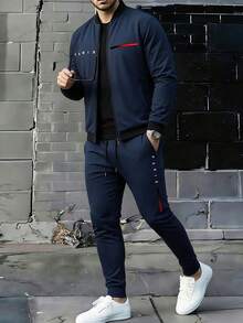 Men's Casual Animal Print Zip-Up Jacket And Drawstring Waist Pockets Sweatpants Set - Blue - View 1