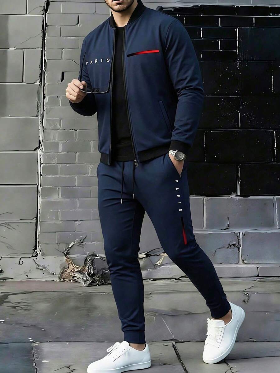 Men's Casual Animal Print Zip-Up Jacket And Drawstring Waist Pockets Sweatpants Set - Blue - View 1