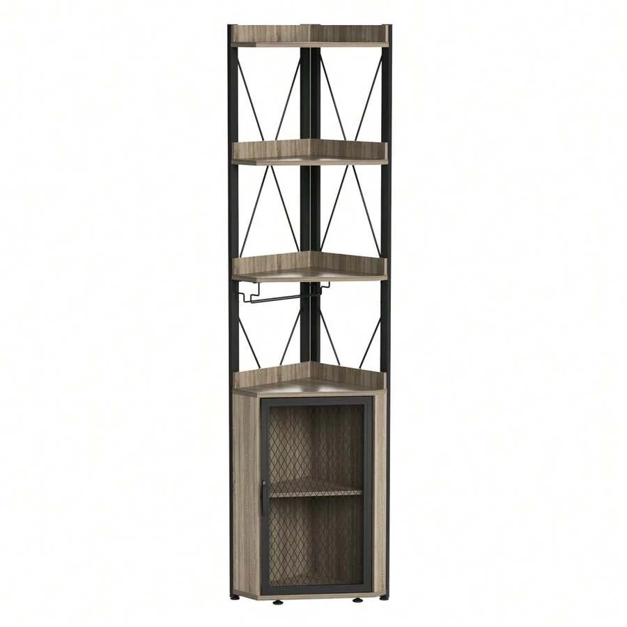 4-Tier Freestanding Wine Rack With Glass Holder, Freestanding Liquor Storage Sideboard Anti-Tipping Device - Grey Wood Grain - View 1