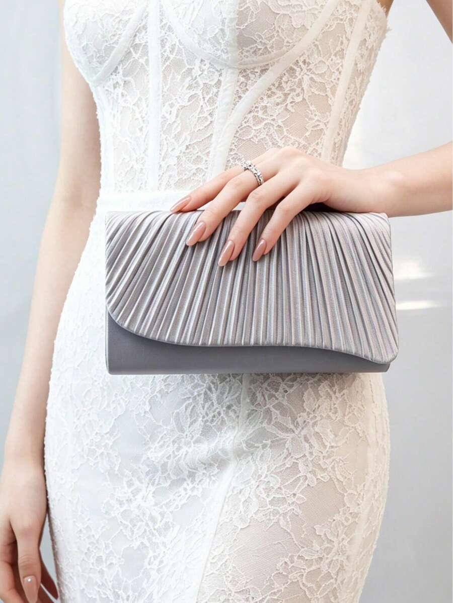 香檳色緞面百褶信封手拿包 女款晚宴包/沙灘包
