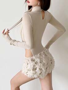 Women's Sexy High Neck Hollow Out Long Sleeve Pleated Bodysuit, Elegant Deep V Design - Apricot - View 4