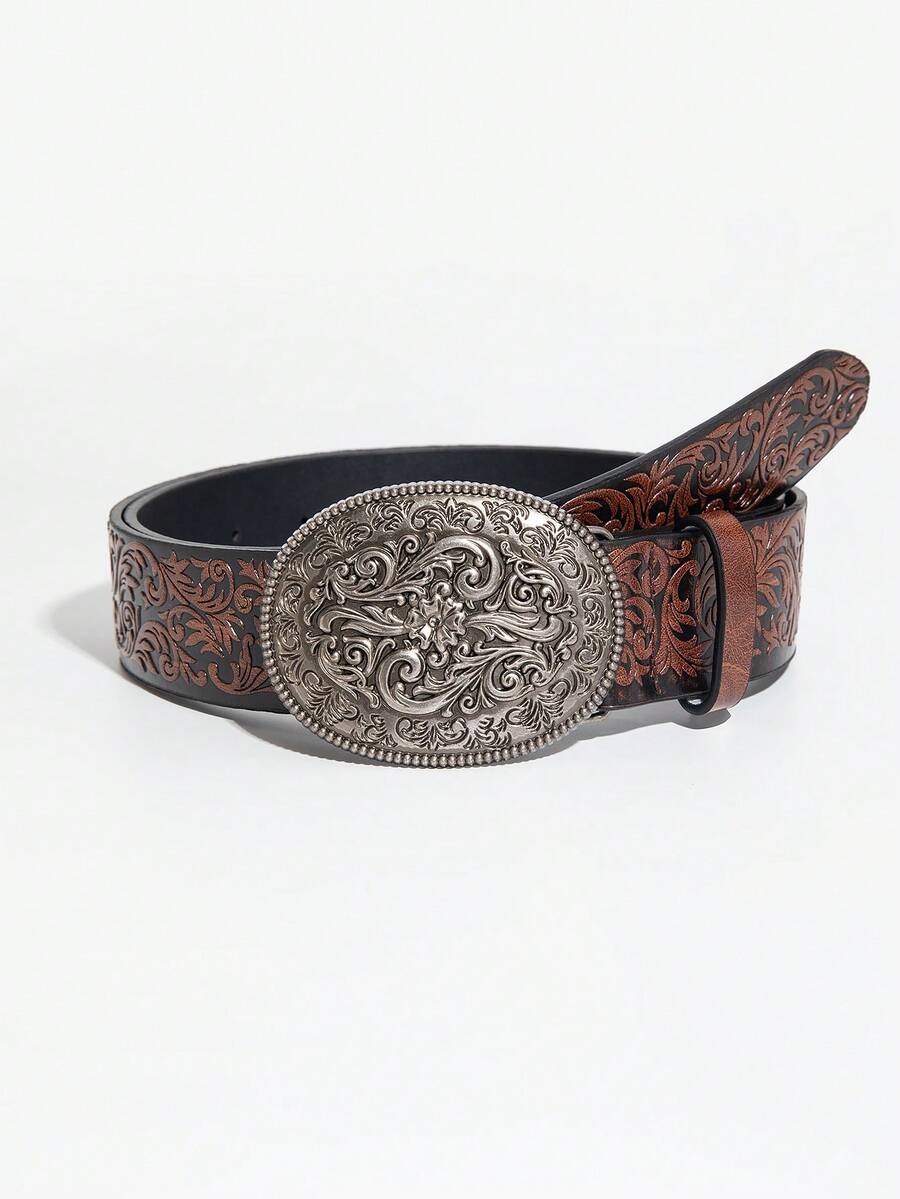1pc Women's Retro Brown Floral Pattern PU Leather Belt With Carved Metal Buckle, Western Style Suitable For Commuting