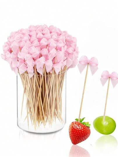50 que tăm tre thắt nơ màu hồng, tăm tre trang nhã, thích hợp dùng cho món khai vị, đồ uống, tiệc sinh nhật, tiệc độc thân, đám cưới và trang trí tiệc theo chủ đề.