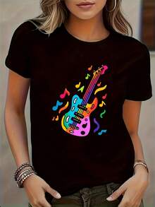 T-Shirt With American-Style Guitar Print - Black - View 2