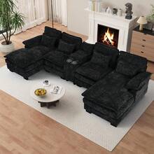 OUYESSIR Sofá Seccional en Forma de U, 132" Sofá Modular Acolchado con Doble Chaise Longue, Consola Central y Puerto USB, Cómodos Sofás Seccionales Grandes de Chenilla para Sala de Estar, Negro Oscuro - Gris Oscuro - Ver 1