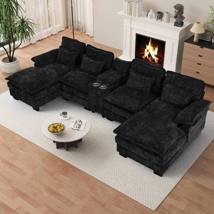 OUYESSIR Sofá Seccional en Forma de U, 132" Sofá Modular Acolchado con Doble Chaise Longue, Consola Central y Puerto USB, Cómodos Sofás Seccionales Grandes de Chenilla para Sala de Estar, Negro Oscuro - Gris Oscuro - Ver 1