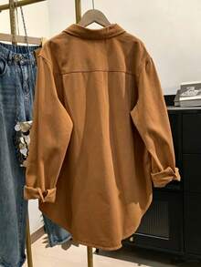 Women's Solid Color Pocket Front Button Casual Shirt - Warm Orange Brown - View 3