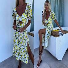 Chic Women's Lemon Print Long Dress With Deep V Neck, Short Regular Sleeves, And Backless Cut-Out Detail, Perfect For Spring And Summer Outfits - 檸檬黃 - 查看 5