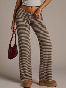 Pantalones de pierna ancha con estampado de rayas y nudo a la cintura de baja altura para mujer, pantalones de verano para mujer, conjunto de verano para mujer, ropa de playa para mujer, pantalones casuales para mujer, pantalones a rayas para mujer, pantalones con cordón, conjunto de verano para mujer - Multicolor 2 - Ver 12