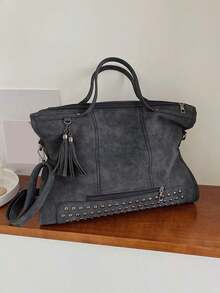Vintage And Fashionable Large Capacity Commuting Tote Bag With Rivets And Tassels, Versatile - Màu xám đen - Xem 2