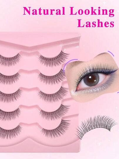 ENCHUW 5 Pairs Cat Eye Fox Eye Manga False Eyelashes Eye End Elongated Butterfly Comic Style 3D Wispy Natural Curling Soft Clear Thin Band Faux Mink Lashes Imitation Eyelash Extensions