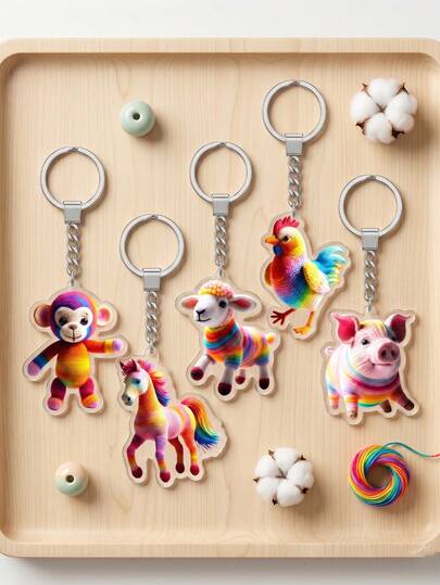 1pc Colorful Knitted Animal Acrylic Keychain, High-Definition Printing On Acrylic Material, Unisex Bag Charm, Car Rearview Mirror Pendant, Suitable For Key Organizer, Personal Decoration, Party Favor