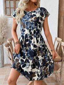 Vestido midi de verano para mujer, con cuello redondo, manga corta y estampado floral retro.Tejido transpirable y cómodo, ideal para looks elegantes y casuales de primavera-verano. - Multicolor 2 - Ver 5