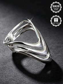 1 chiếc nhẫn bạc Sterling S925 hình sóng nhiều lớp bất đối xứng, thiết kế trừu tượng tối giản, nhẫn nữ thanh lịch độc đáo, quà tặng phụ kiện cá nhân hóa, kèm hộp quà. - Bạc - Xem 2