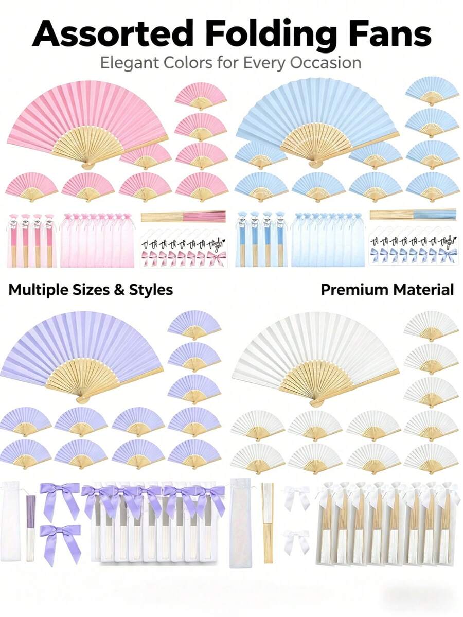 Elegant Multi-Color Bamboo Hand Fan, Suitable For Wedding Bride/Bridesmaid Gifts, Birthday Party Favors, Comes With Organza Bag And Decorative Tag - Apricot - View 1