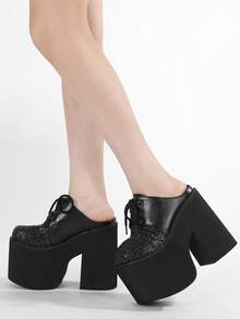 Gdgydh Mules pour femmes à lacets à talons hauts Talons épais Chaussures à talon compensé avec avant-pied surélevé Chaussures à talons compensés Sandales d'été Chaussures de cosplay - Noir - Voir 5