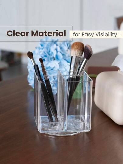 1pc 4-Grid Rotating Clear PS Plastic Storage Holder, 11.5x11.5x12cm For Makeup Brushes, Tea Bags & Kitchen Utensils