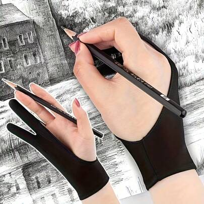 1pc Painting Glove, Artist Drawing Tablet/ Glove, 3-Layer Anti-Mistouch, Dual-Finger Universal For Left & Right Hand, Smooth Elastic Breathable Glove For Pen, Pencil, Sketch Drawing