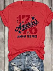 1 Women's "American Freedom 1776" T-Shirt, Crew Neck, White, Graphic T-Shirt With "America 1776" - Vintage Distressed Style And Stars, Crew Neck, Casual Top For The 4th Of July, Breathable And Skin Friendly - 紅色 - 查看 9