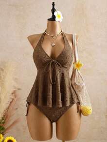 2026 Bellisia Women's Elegant Polka Dot Print Dress, Textured Fabric, Relaxed Vacation Camisole, Yellow Tankini Bikini Beach Outfit. Women's Beach Set For Summer 2026, Graduation Season, Wedding, Back To School, Easter. Cute Casual Summer Camisole With Knit Texture, Ruffle Details, In A Sweet, Romantic, And Country Style. - 米色 - 查看 12