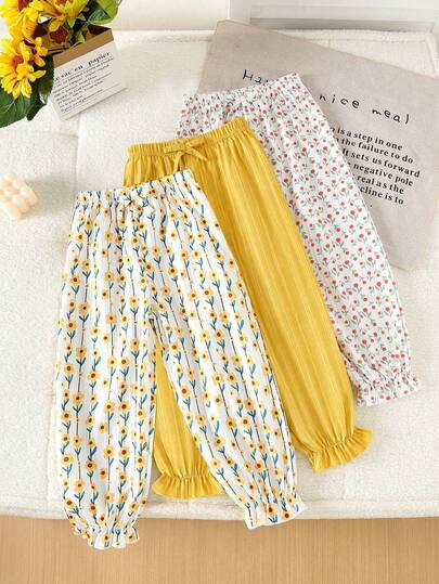 3件套女童休闲碎花裤，轻便儿童黄色休闲纹理长裤，适合秋季、夏季、春季穿着，专为户外活动设计