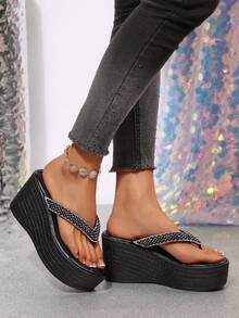 Women's Rhinestone Decor Wedge Flip Flops, Open Toe Y2K Style Casual Beach Holiday, Black & Gold Shiny Woven Wedge Slippers, Suitable For Daily, Party, Club Wear - Black - View 7