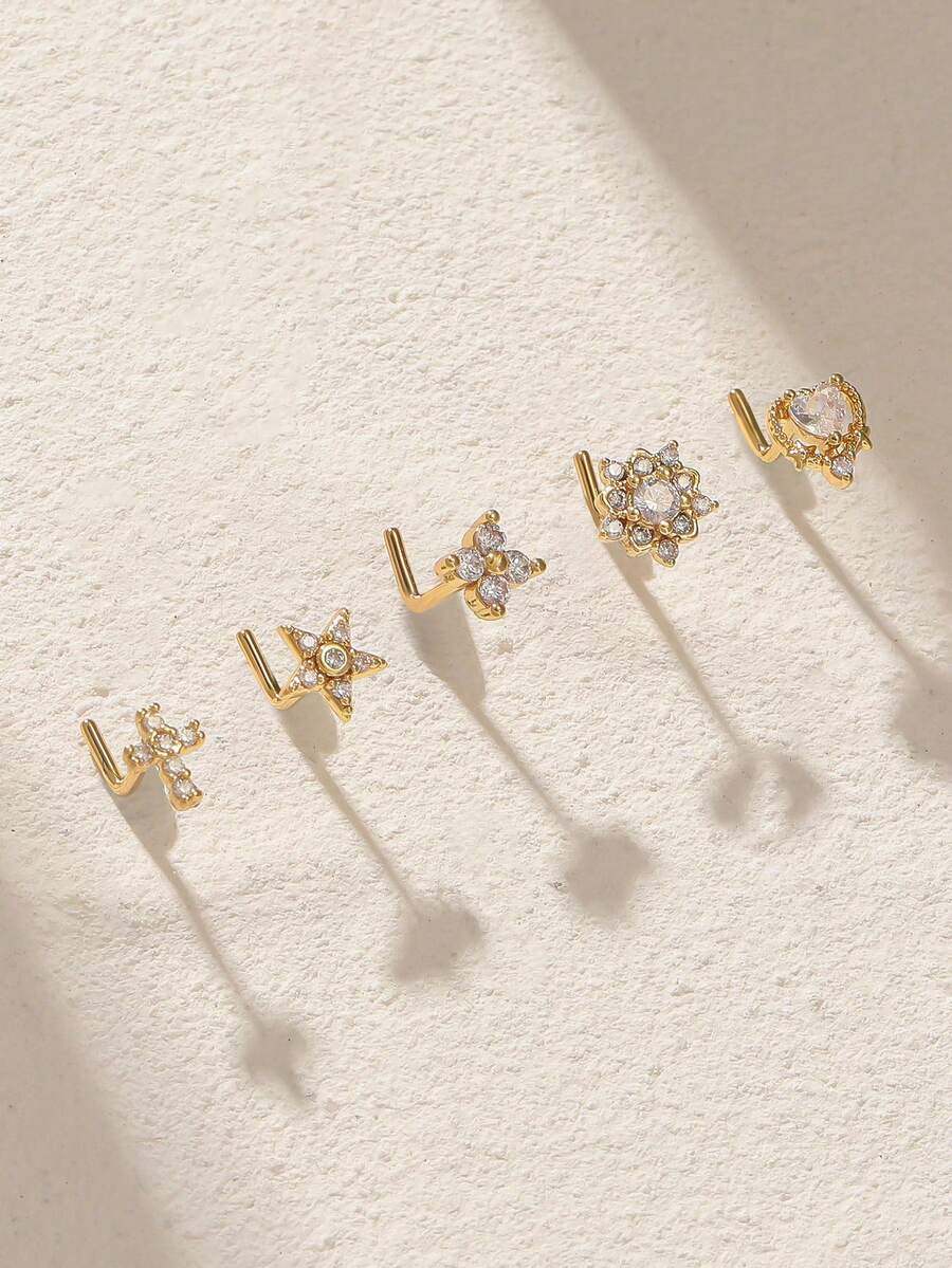 Bộ 5 chiếc khuyên mũi bằng hợp kim đồng đính đá lấp lánh, hình trái tim, thánh giá, hoa, số 7, thích hợp cho nữ giới đeo hàng ngày, làm quà tặng sinh nhật, Giáng sinh, Ngày Valentine. - Vàng - Xem 1