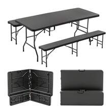 1.80m Folding Picnic Table With 2 Benches, 3-Piece Camping Set, HDPE Tree Pattern Tabletop, Locking Mechanism, UV And Water Resistant, Black - A - 查看 12