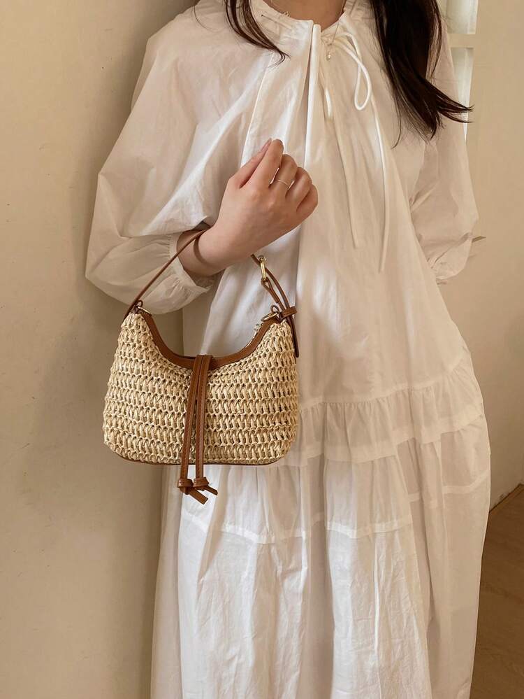 Summer New Vintage Handmade Straw Zipper Beach Tote Bag, European And American Crescent Pillow Bag Niche Design Luxury Feeling Shoulder Crossbody Bag, Suitable For Daily Commute, Shopping, Vacation, School For Women - Multicolor - View 4