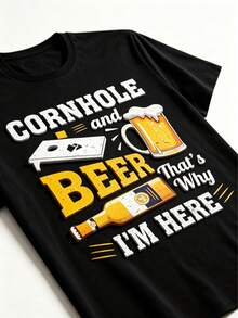 Fun Cornhole And Beer Enthusiast T-Shirt - Cornhole And Beer, That's Why I'm Here Slogan - Glossy Bl - Black - View 3