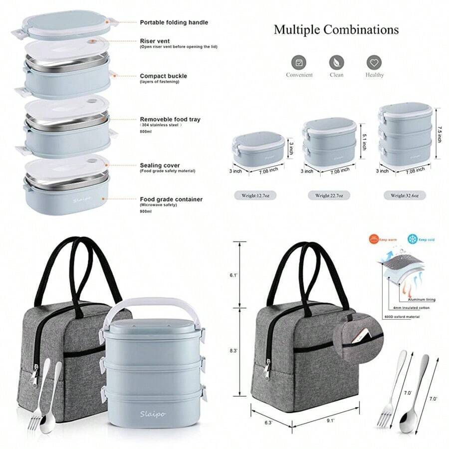 Bento Box - Lonchera para adultos lonchera para hombres y mujeres con bolsa de almuerzo aislada envases de acero inoxidable kit de almuerzo apilable a prueba de fugas azul - Azul - Ver 1