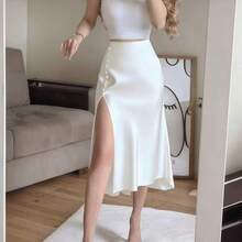 negro elegante de talle alto con abertura alta y botones para mujer, primavera - Blanco - Ver 5