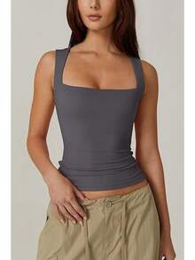 Summer New Women's Square Neck Sleeveless Double Layer Tank Top Basic Slim Fit T-Shirt In Black - White - View 9